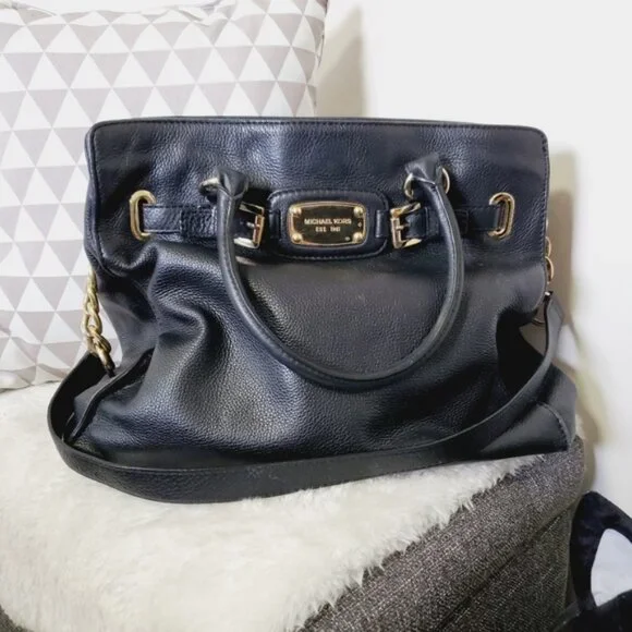 Michael Kors Satchel East West Hamilton Black Pebble Leather Bag Crossbody Strap - Picture 2 of 9